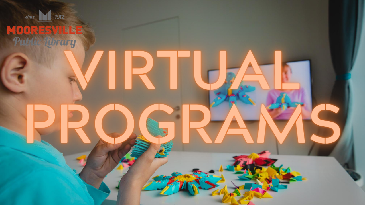 Photo of a young white boy in a blue creating paper sculpture while watching a white woman in a pink shirt demonstrate on a flat screen television. Text reads Virtual Programs.
