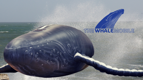 The inflatable whale is superimposed over a photo of ocean spray. The Whalemobile logo is in the upper right corner.