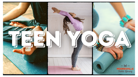 White text reads TEEN YOGA. Three images are behind the text. The left image is a male figure in a black shirt and pants sitting in lotus asana. Middle image is a woman in pink long sleeved shirt and yoga pants doing yoga. Right image is a woman rolling a yoga mat.