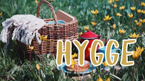 A picnic basket filled with a knitted blanket and book sits next to a thermos of tea, a tea cup, and a cinnamon roll in a field of grass and yellow flowers. the word "hygge" is layered on top of the photo