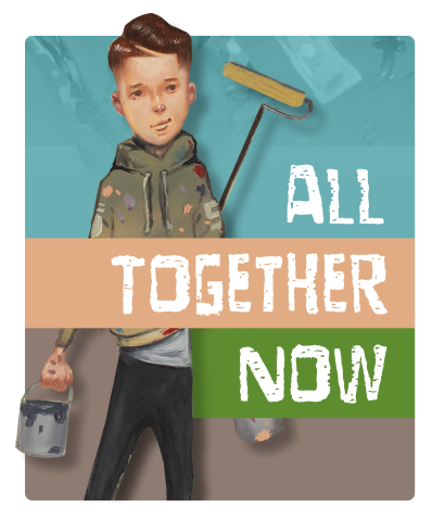 CSLP Slogan "All Together Now" illustration of teen boy holding paint roller and bucket