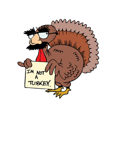 Turkey wearing a disguise and holding a sign saying "I'm not a Turkey."